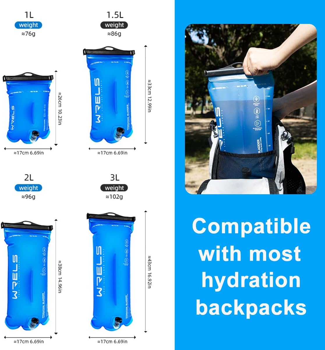 WRELS 1L/1.5L/2L/3L BPA Free Hydration Bladder,Leakproof TPU Water Bladder for Hiking Backpack,Large Opening Water Reservoir Hydration Pack for Running Cycling Camping