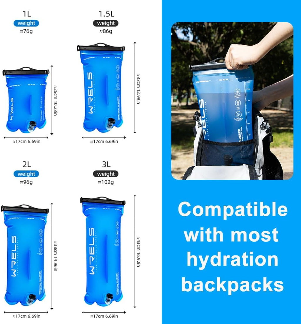WRELS 1L/1.5L/2L/3L BPA Free Hydration Bladder,Leakproof TPU Water Bladder for Hiking Backpack,Large Opening Water Reservoir Hydration Pack for Running Cycling Camping