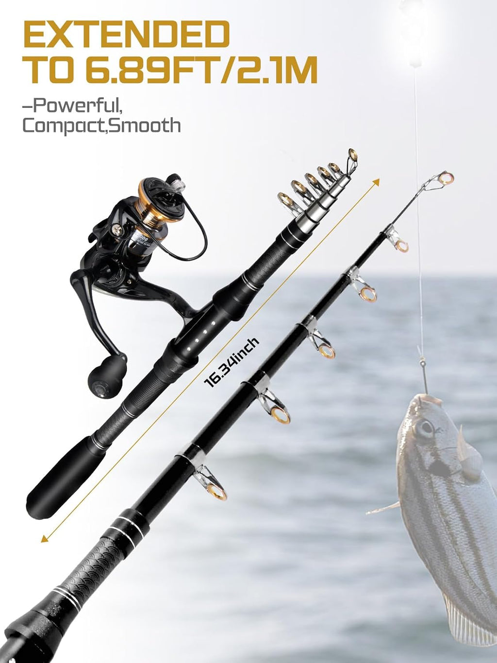 Fishing Pole Kit, Carbon Fiber Telescopic Fishing Rod and Reel Combo with Spinning Reel, Line, Bionic Bait, Hooks and Carrier Bag for Adult Teens Beginners