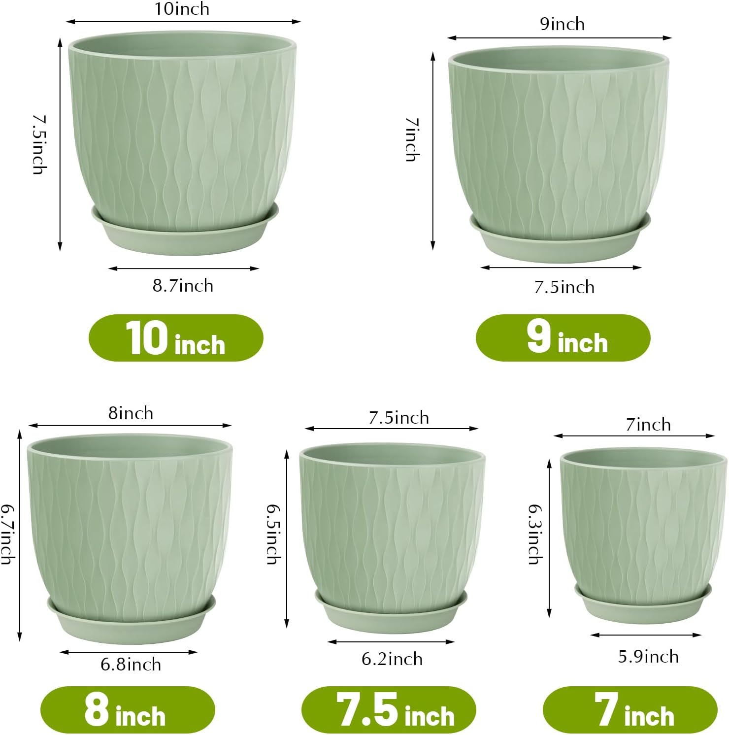 Plastic Plant Pots 10/9/8/7.5/7 inch Set of 5, Flower Planters with Drainage Holes and Saucers, Plastic Pots for Indoor Outdoor Plants, Livingroom Garden Decor (Green)