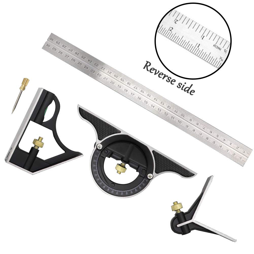 DUEBEL Combination Square - 12' Stainless Steel Multi-Function Carpentry Square with Right 90 Degree Angle Ruler