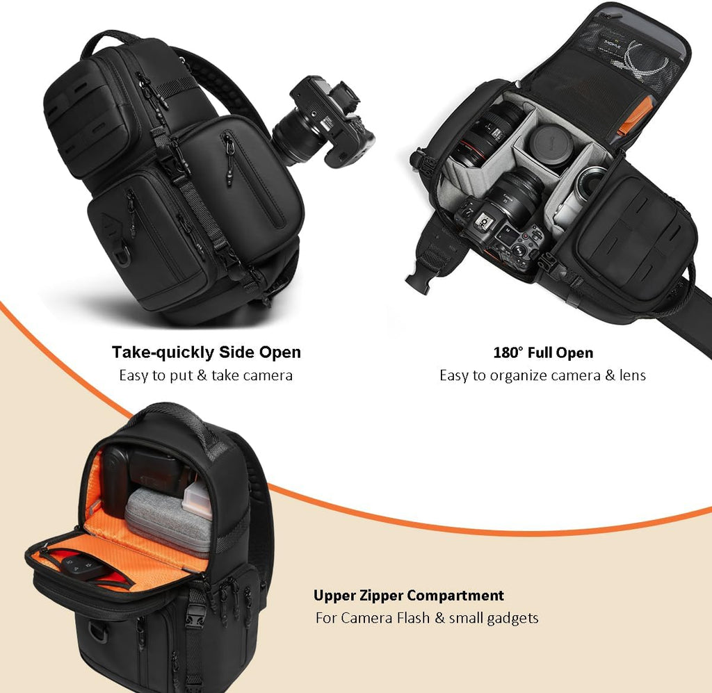 Camera Sling Modular Bag Tactical Photography Backpack with Quick Side Access DSLR SLR Mirrorless Small Camera Lens Crossbody Organizer Case with Tripod Holder for Canon Fujifilm Sony Nikon, Black
