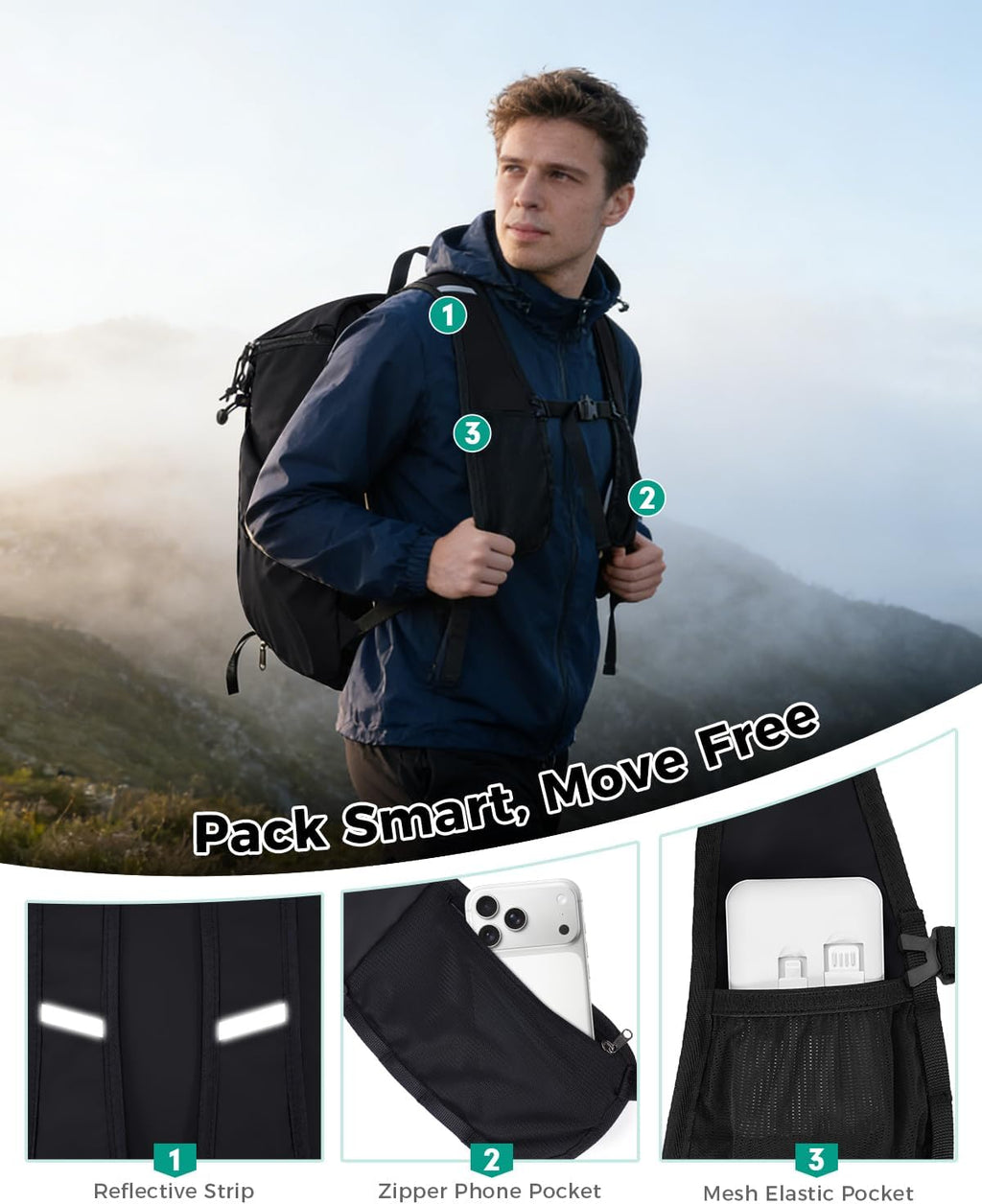 Blue Quartz Lightweight Hiking Backpack, 20L Packable Water Resistant Daypack with Phone Pocket & RFID Blocking for Travel, Camping, Outdoor Pack for Men Women