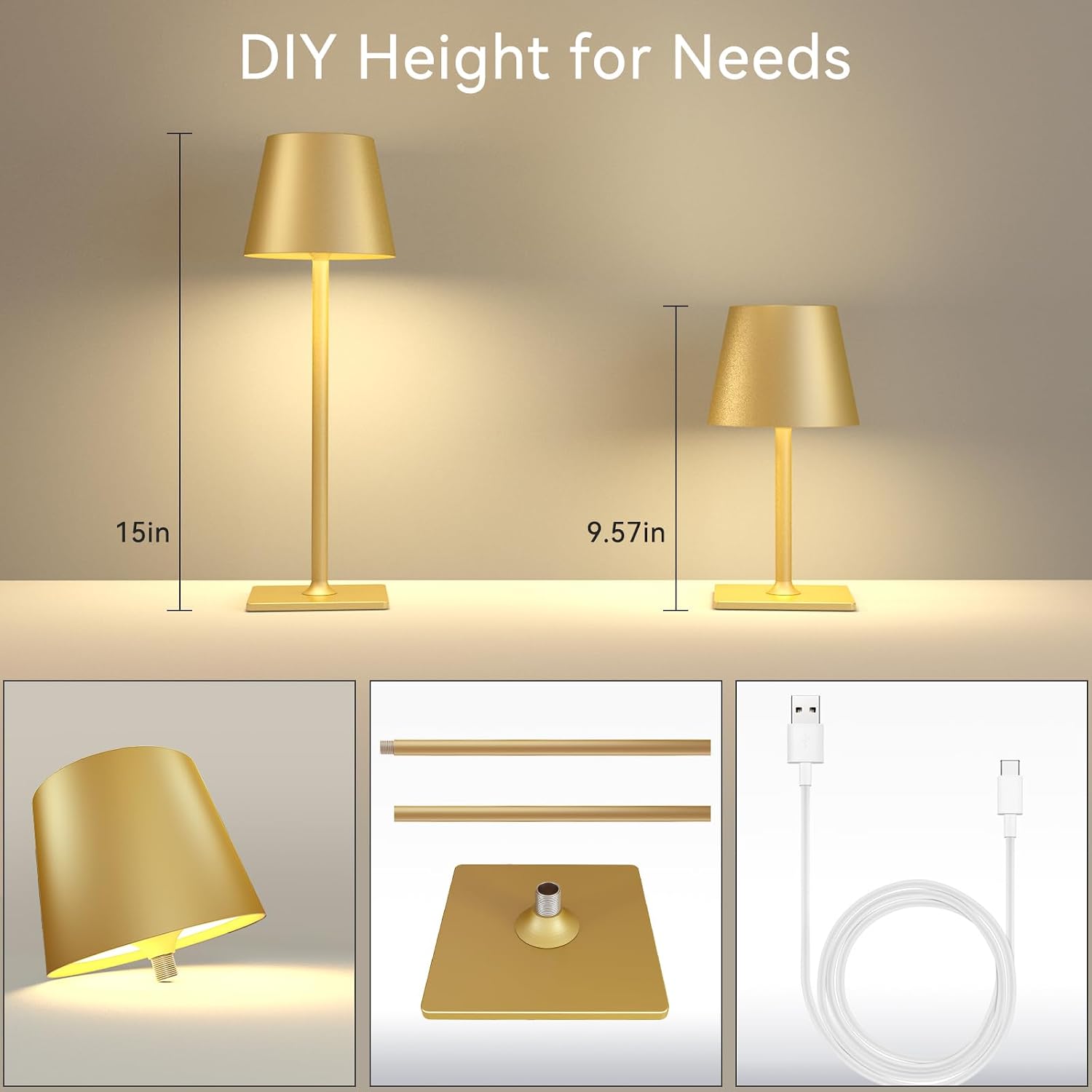 Yogaret 4 Pack Gold Rechargeable Led Cordless Table Lamps,Cordless Lamp with 6000mAh Battery Operated,Wireless Lamp for Restaurant Home Dinner Dining Kitchen Outdoor Patio,Waterproof & Portable