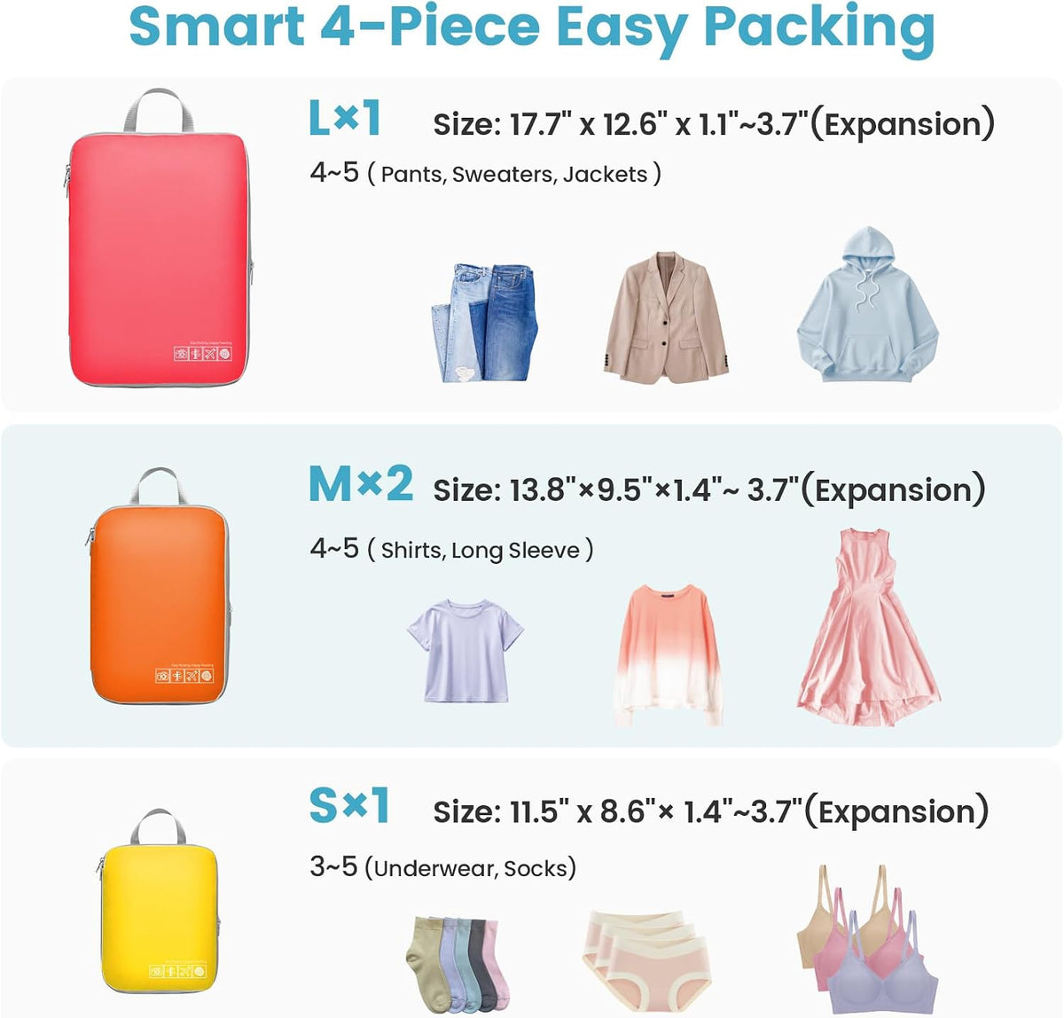 Cambond Compression Packing Cubes for Travel - 4 Set Organizer, Multi-color
