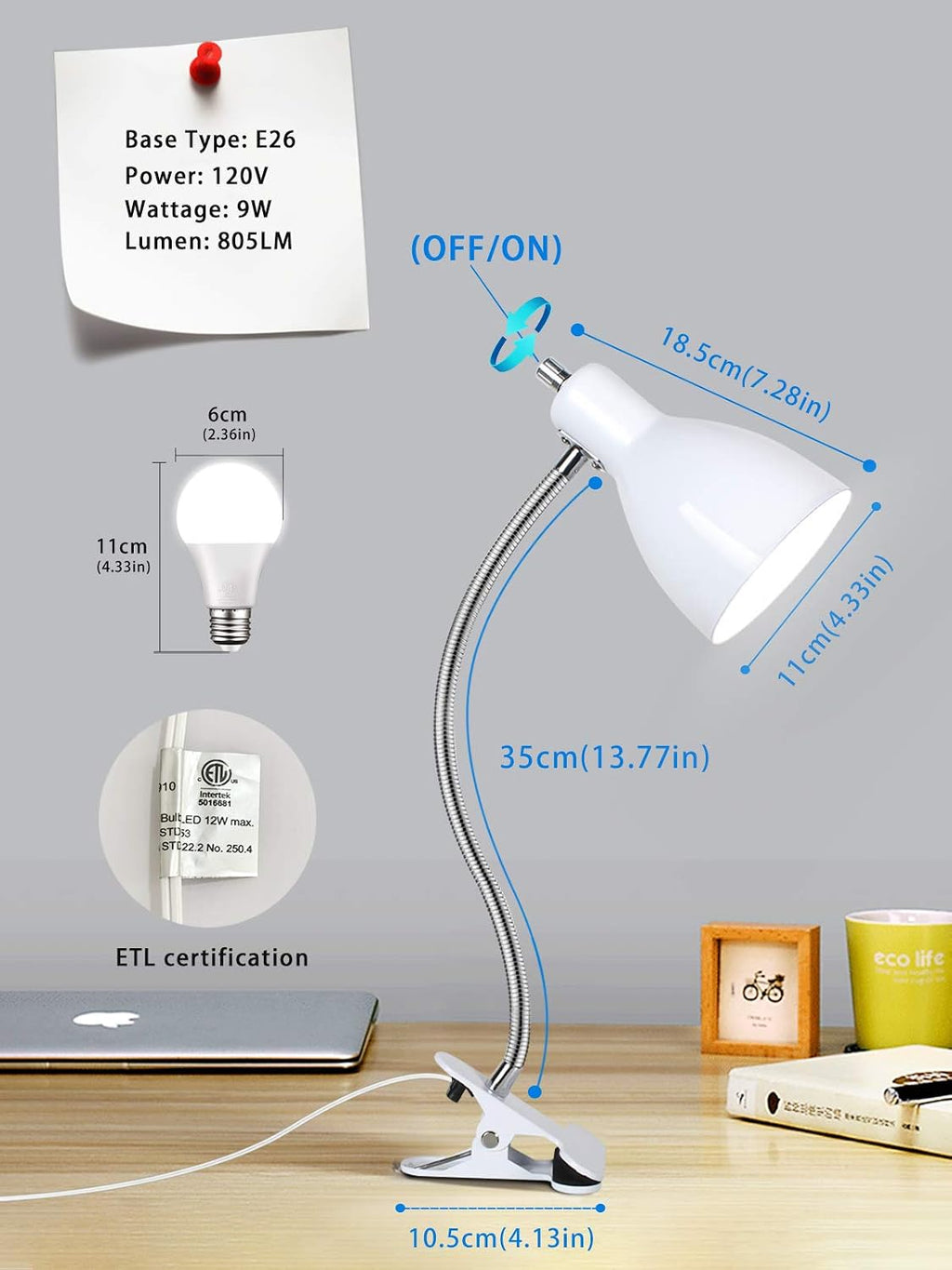 LALISU Desk lamp Eye-Caring Table Lamps, 360°Rotation Gooseneck Clip Lamp