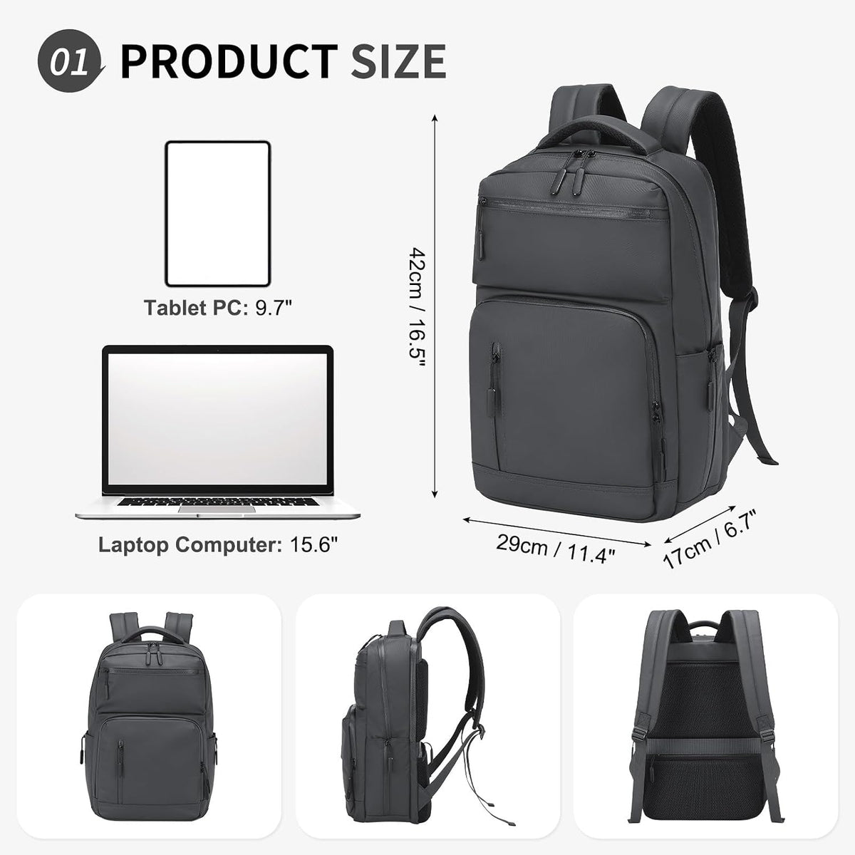 20L 15.6 Inch Laptop Backpack Anti Theft Flight Approved Gray