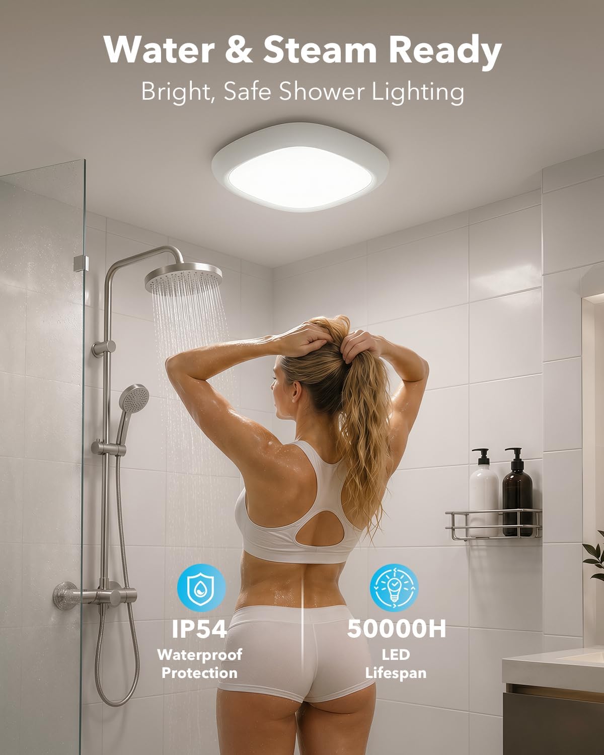IP54 Waterproof Shower Light, Rechargeable Ceiling Light with Remote