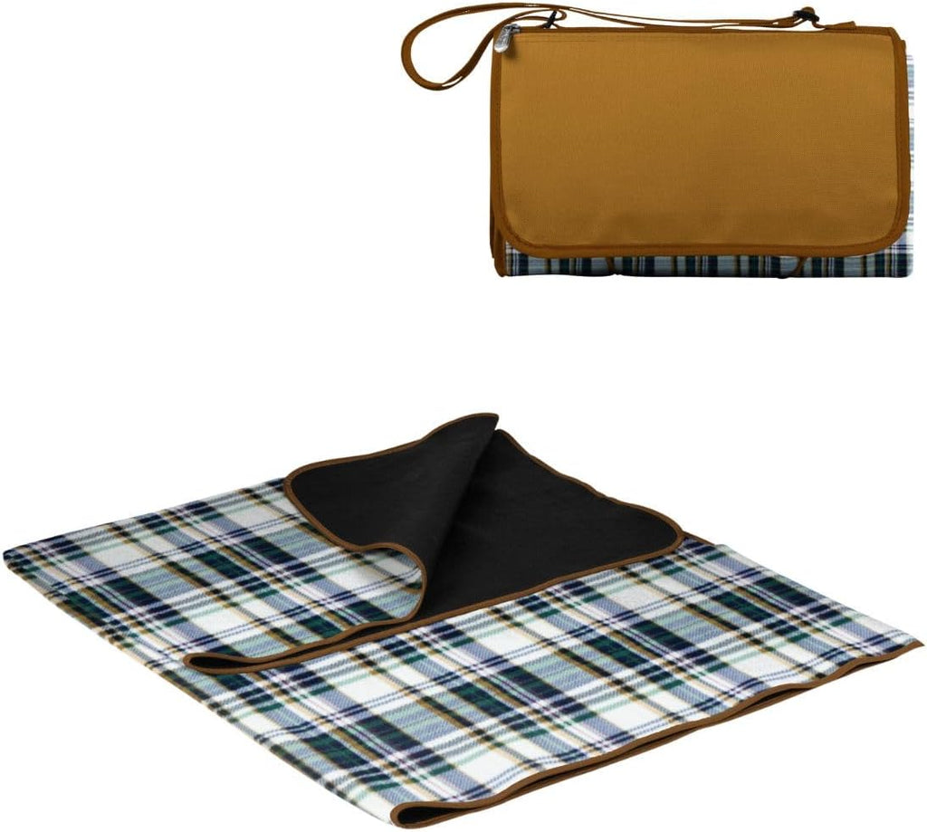 PICNIC TIME Outdoor Picnic Blanket Tote, 59"x51" Foldable Beach & Camping Blanket with Soft Fleece, Water-Resistant Bottom, Adjustable Strap & Zippered Pocket (English Plaid, Beige Flap)