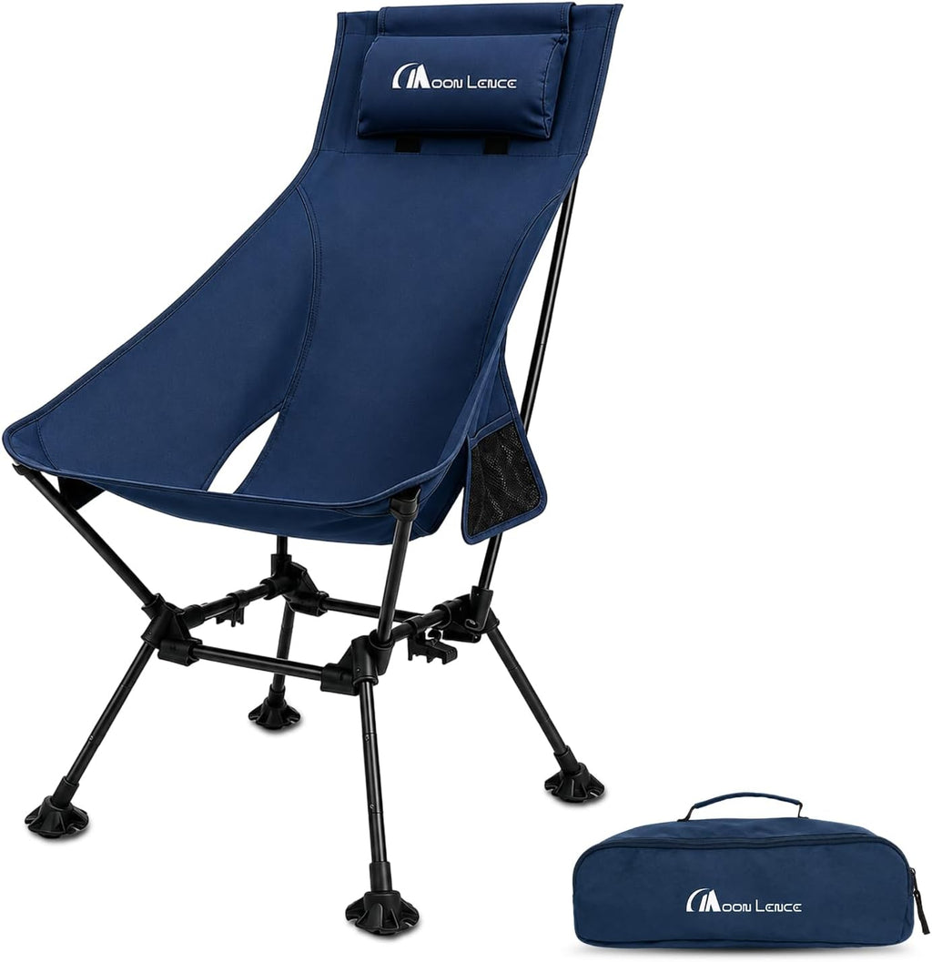 MOON LENCE High Back Folding Camping Chairs, Height-Adjustable, Widened Seat, for Beach with Anti-Sinking Feet (Blue)
