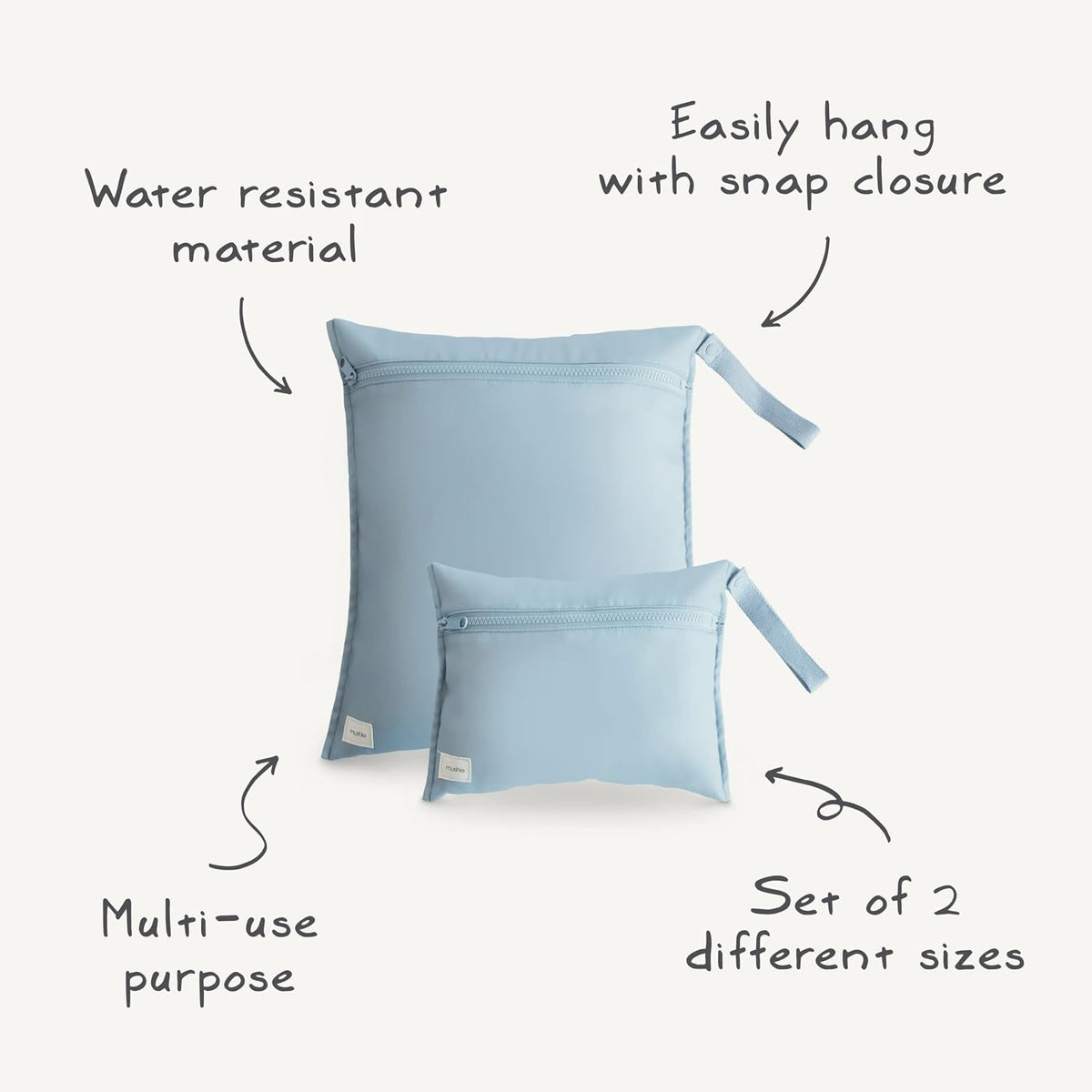 mushie Water Resistant Wet Bags | Large & Small Reusable Storage Bag for Baby Items and Travel | Zippered Pockets with Handle | Machine Washable, Set of 2 (Fog)