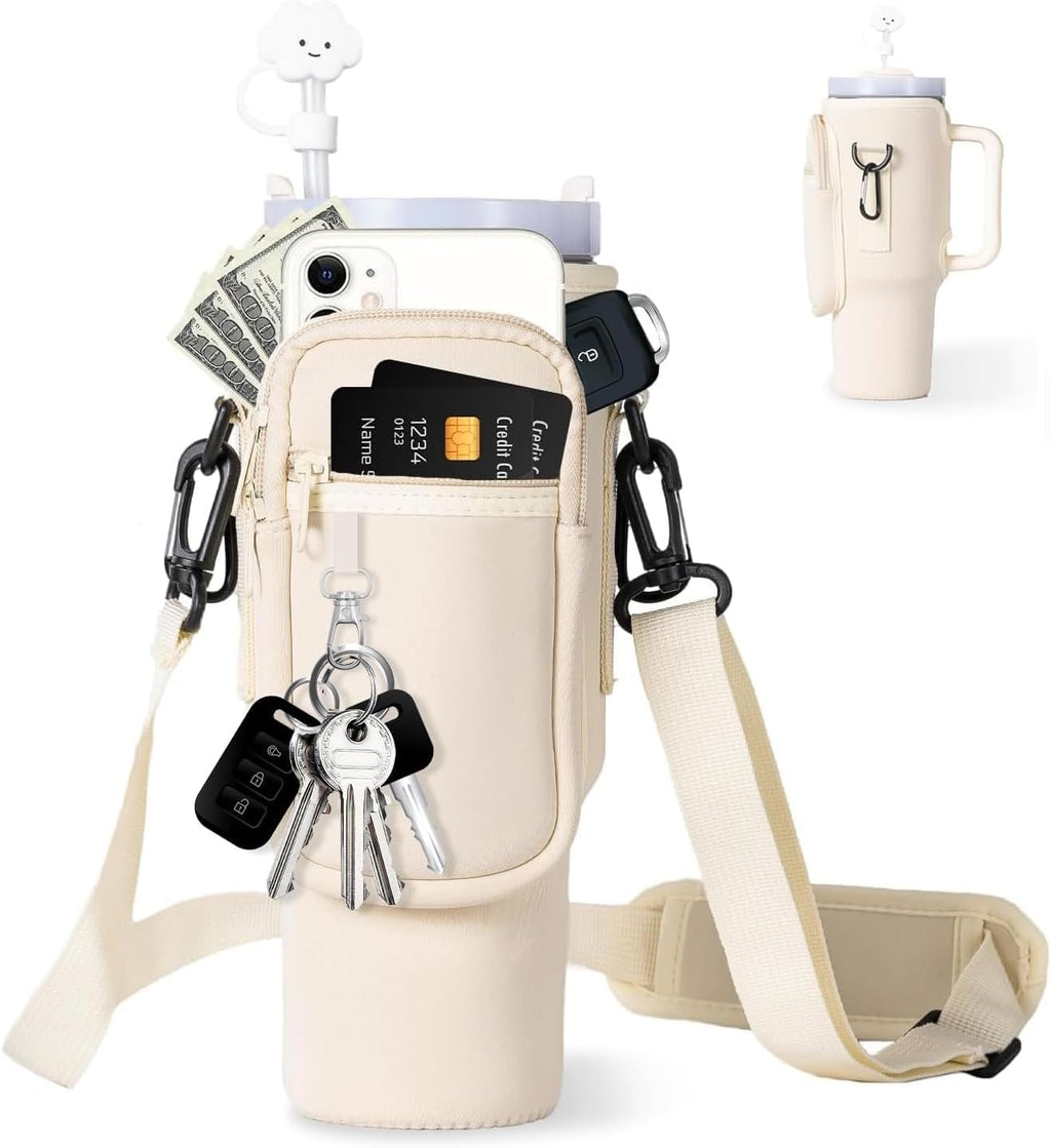 dabria Water Bottle Carrier Bag with Phone Pocket for Stanley 40/30 oz Tumbler Neoprene Water Bottle Holder Pouch with Adjustable Strap Bollus with Straw Cover for Stanley Cup Accessories