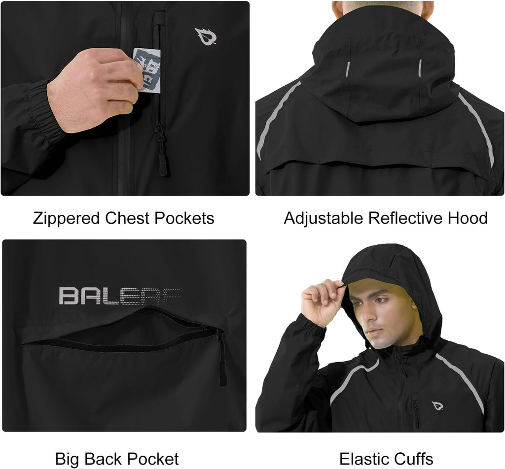 baleaf Men's Rain Jacket Waterproof Hood Lightweight Reflective Packable