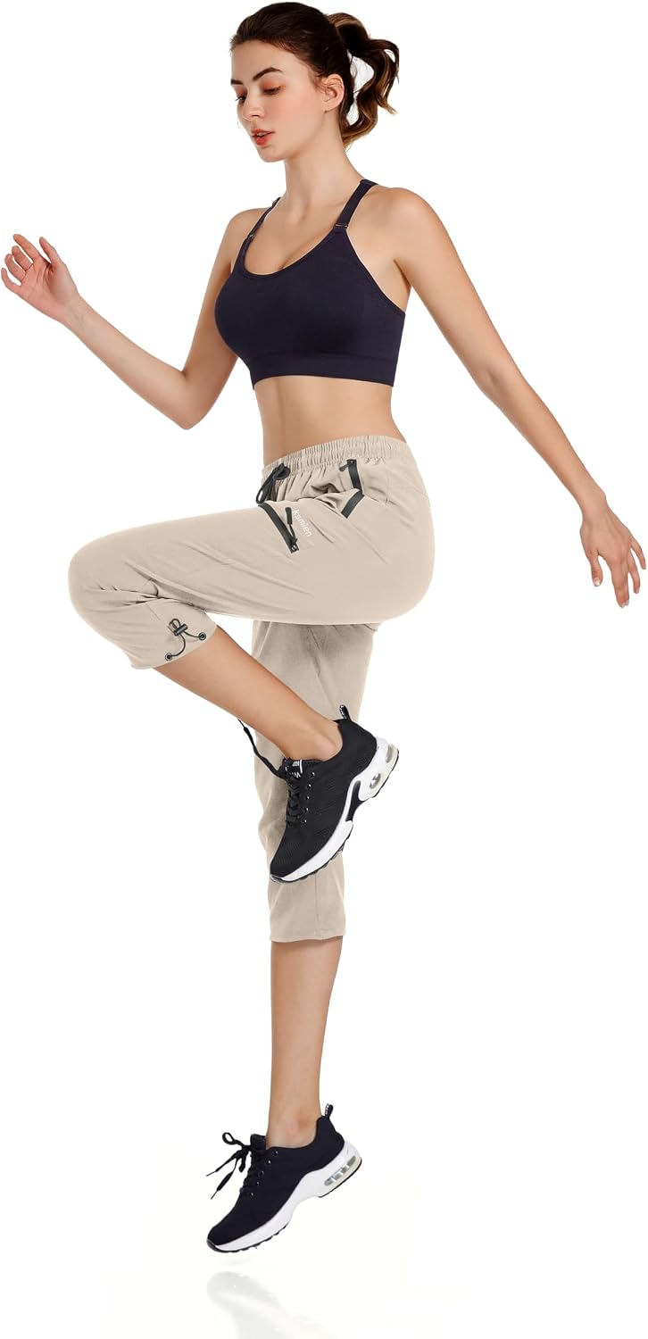 Ksmien Women's Hiking Cargo Capri Pants Quick Dry with Zipper Pockets