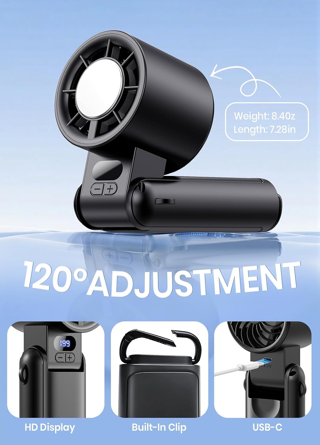 Portable Handheld Turbo Fan, 1-199 Speed Adjustable, Dark Black
