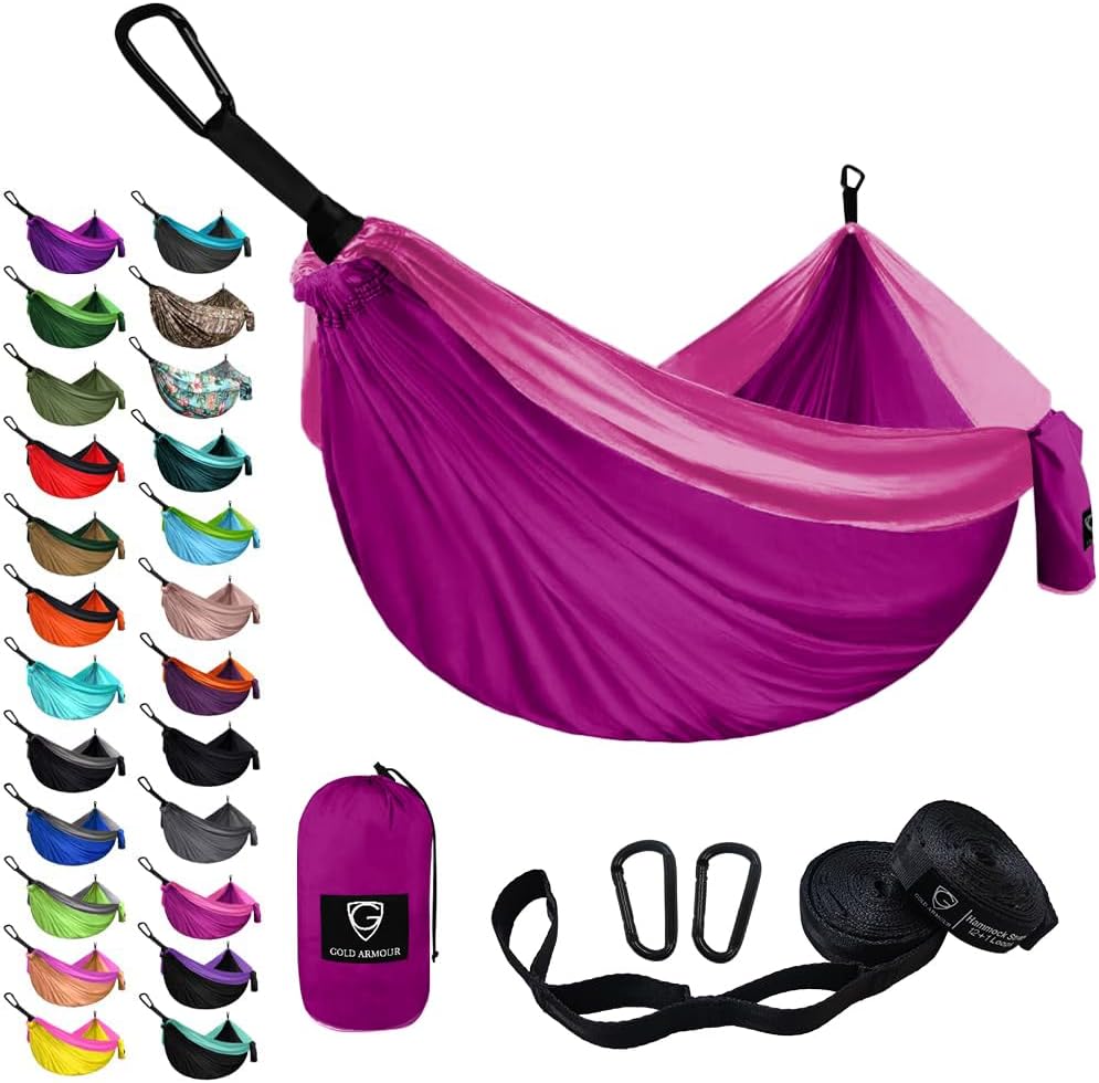 Gold Armour Camping Hammock - XL Double Hammock Portable Hammock Camping Accessories Gear for Outdoor Indoor with Tree Straps, USA Based Brand (Fuchsia and Pink)