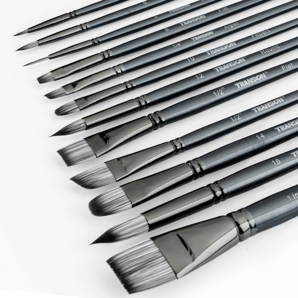 Transon Artist Paint Brush Set of 12 for Watercolor Acrylic Gouache Oil and Tempera Painting