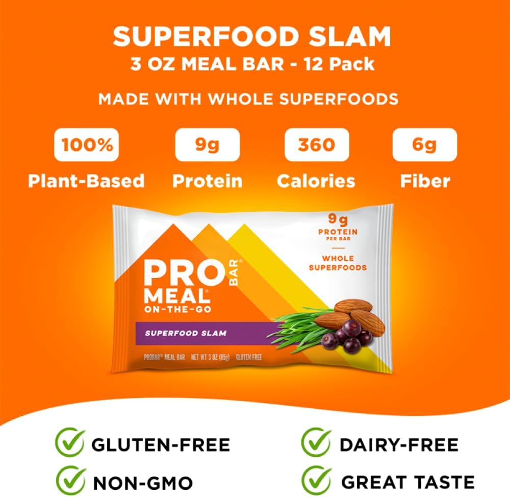 PROBAR MEAL Bar – Plant Based Meal Replacement Bar with Whole Food Ingredients, Oats, Nuts & Seeds, Vegan, Gluten Free, Non-GMO Nutrition Bar for Breakfast, Travel & On-the-Go Energy (Superfood Slam, 12 Count)