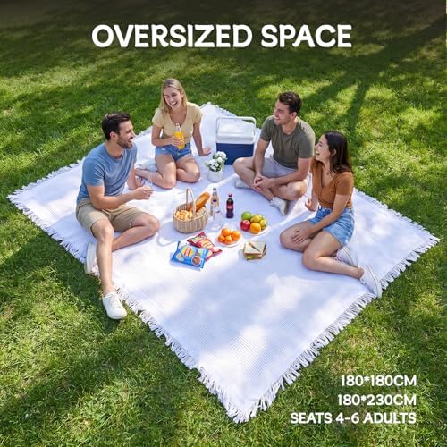 Boho Picnic Blanket with Leather Carry Strap, Extra Large White Outdoor Blanket with Fringe, Portable Sandproof Beach Mat for Camping, Park, Lawn & Photoshoot (71"x 71") (71 x 71 inches)