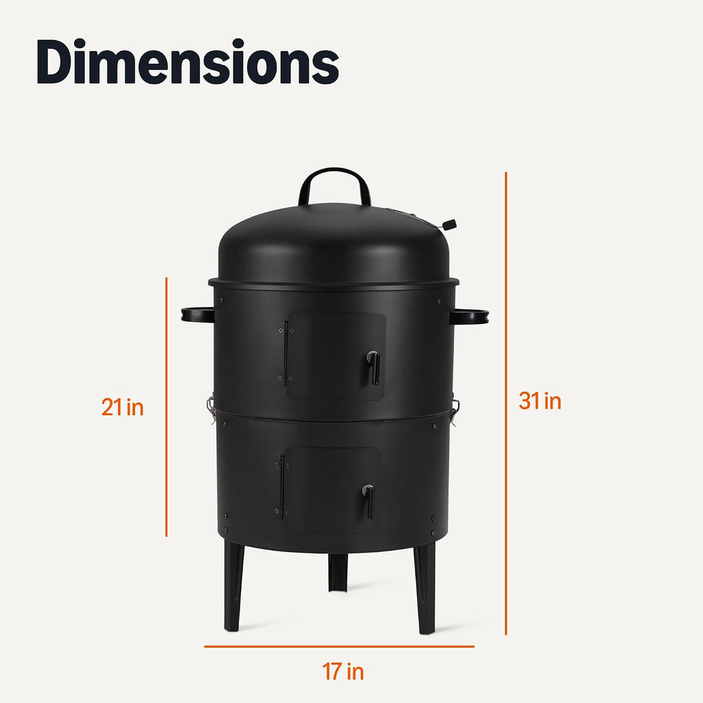 Amazon Basics 16 inch Vertical Charcoal Outdoor Smoker, BBQ Grill, with Built-in Thermometer, 2-Layer Design, Adjustable Air Supply Control, Black