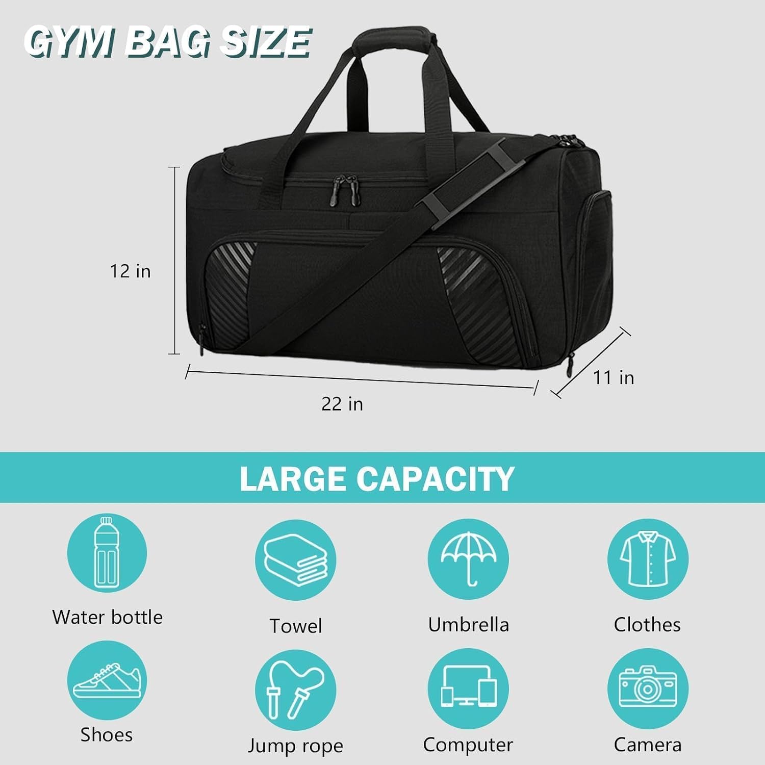 Urbanstand Gym Bag with Shoe Compartment - 50L Black Durable Large Duffle Bag for Travel, Weekender Carry On Duffel Bag for Men, Sports, Fitness & Workout