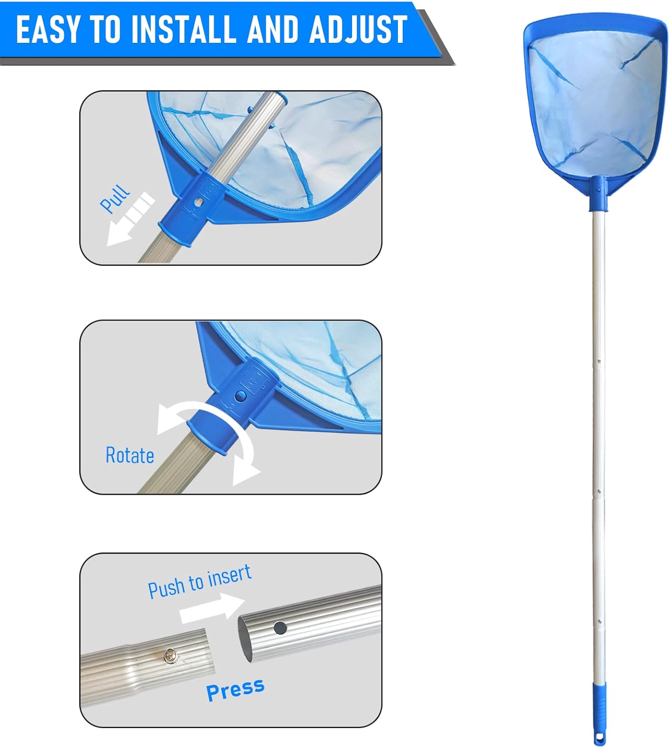 Poolvio Swimming Pool Leaf Skimmer Net, with 5 Sections Telescopic Aluminum Pole & Nylon Medium Fine Mesh Pool Net, Pool Cleaning Tool for Removing Leaves & Debris