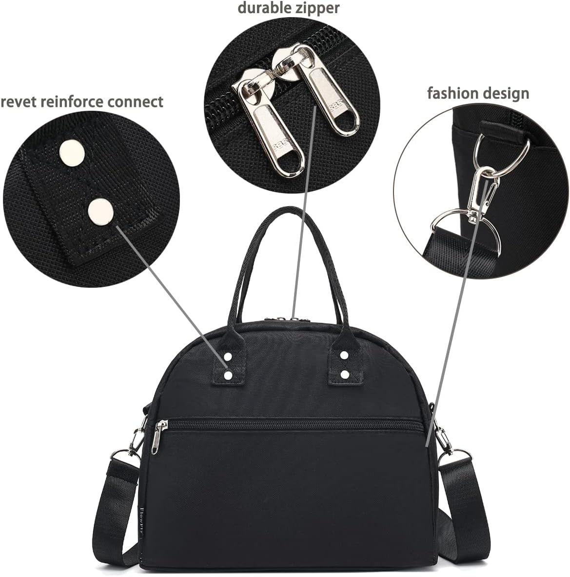 FlowFly Insulated Lunch Bag With Shoulder Strap for Women, Men, and Kids, Large and Reusable, Handle, Freezable Work and School Travel Tote and Meal Prep Organizer (Black)