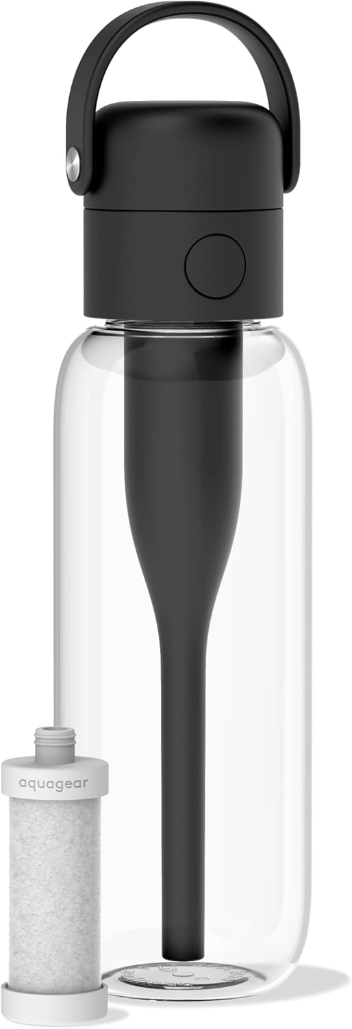 Aquagear Water Filter Bottle BPA-Free, 22oz Capacity, Removes Chlorine, PFOA/PFOS Forever Chemicals, 40 Gallon Filter Life, Black