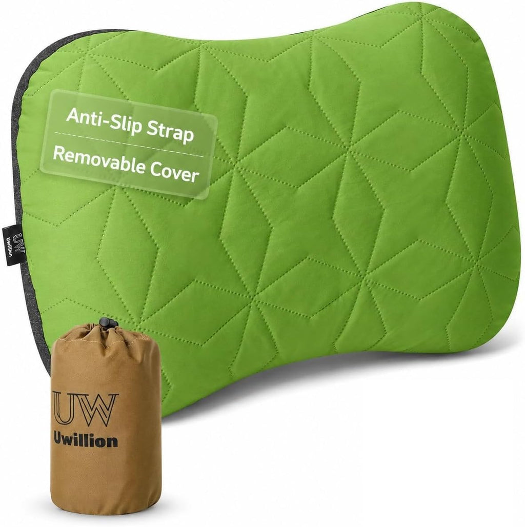 UWILLION Inflatable Camping Pillow with Removable Washable Cover, Ultralight Compact Air Pillow for Backpacking, Hiking, Travel & Camping, Ergonomic Neck and Lumbar Support Blow Up Pillow – Green