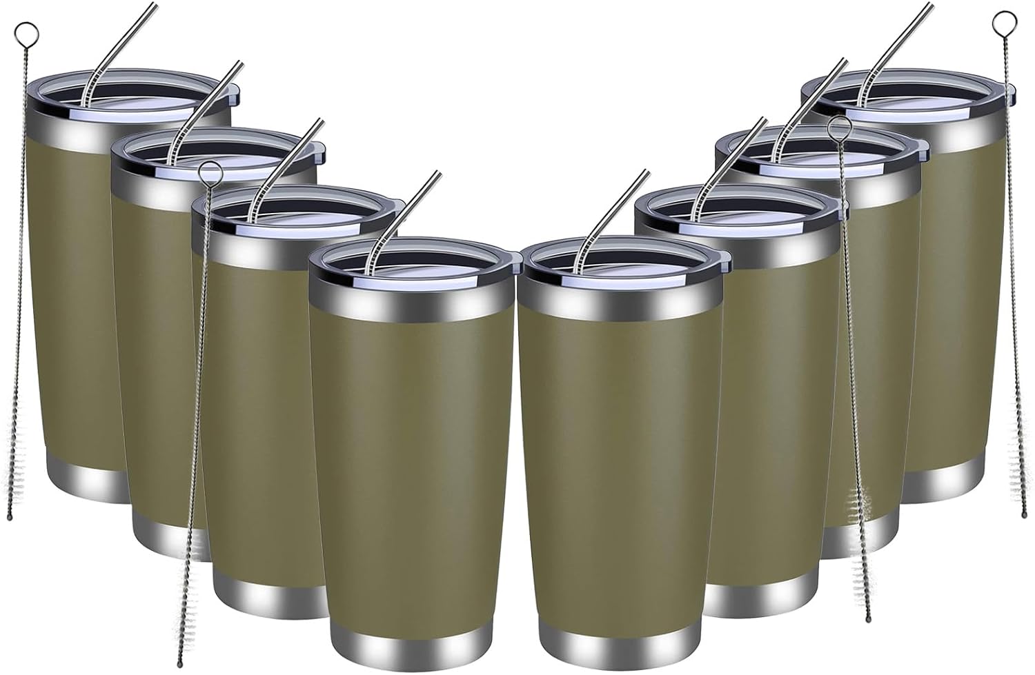 MEWAY 20oz Tumbler 8 Pack Double Wall Vacuum Insulated Travel Mug Bulk, Stainless Steel Tumblers with Lid and Straw, Durable Powder Coated Coffee Cups for Cold & Hot Drinks (Army Green, 8)