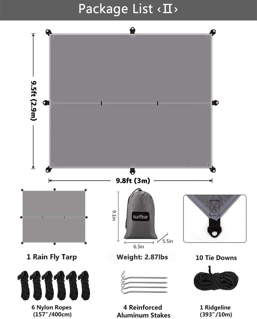 Sunyear Hammock Camping with Rain Fly Tarp and Net, Portable Camping Hammock Double Tree Hammock Outdoor Indoor Backpacking Travel & Survival, 2 Tree Straps,100% Waterproof Black/Grey Bundle