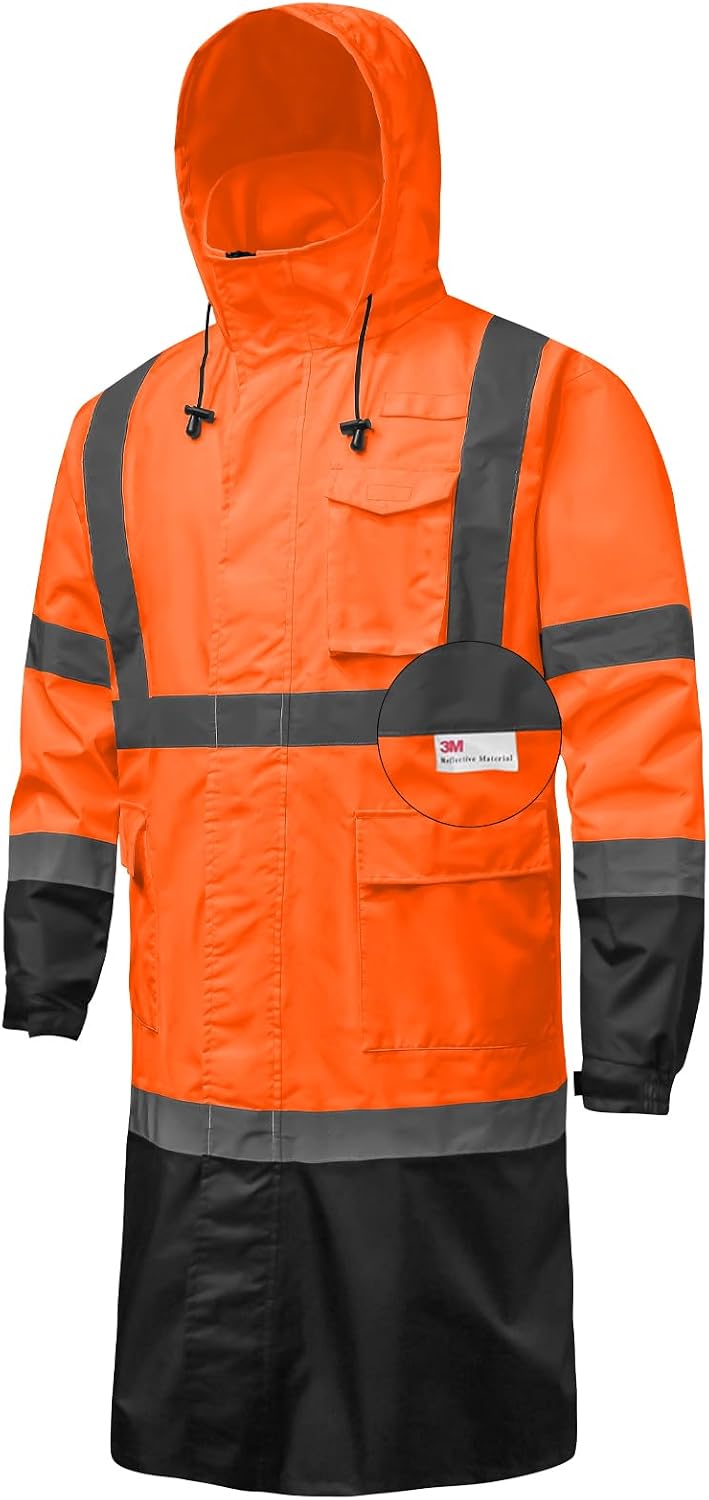 Hi Vis Rain Jacket with 3M Reflective Stripe,High Visibility Class 3 Rain coats,Safety Waterproof Rain Suits for Men with Hood and 2 Large Pockets construction work rain gear(Orange L)