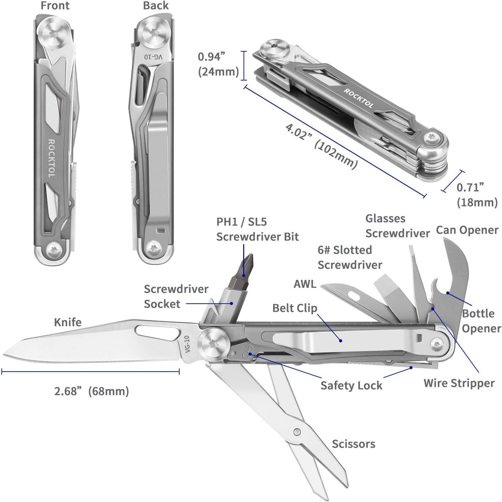 ROCKTOL Pocket Multitool ST02, VG-10 Blade, 12-in-1 Multi tool Knife,Titanium-Plated Handle,Pocket Clip,Large Scissors, Multi-tool for Camping, Hiking, Survival, EDC Gadget for Men