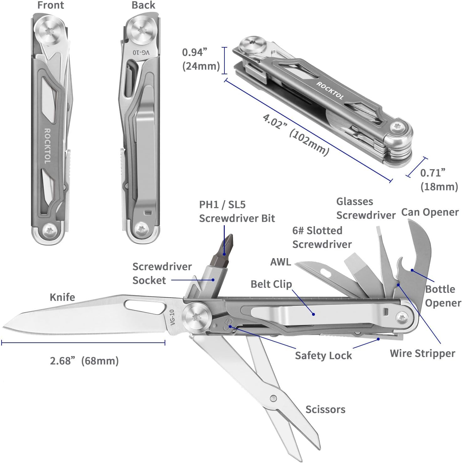 ROCKTOL Pocket Multitool ST02, VG-10 Blade, 12-in-1 Multi tool Knife,Titanium-Plated Handle,Pocket Clip,Large Scissors, Multi-tool for Camping, Hiking, Survival, EDC Gadget for Men