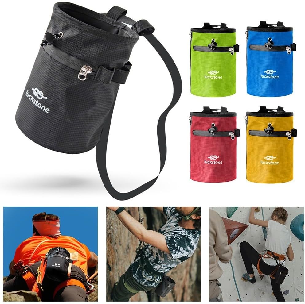 Climbing Chalk Bag with Anti-Leak Drawstring, 420D Oxford Magnesium Powder Bag for Rock Climbing and Weightlifting, Gym Chalk Bucket with Phone Pocket and Adjustable Belt, Blue(Red)