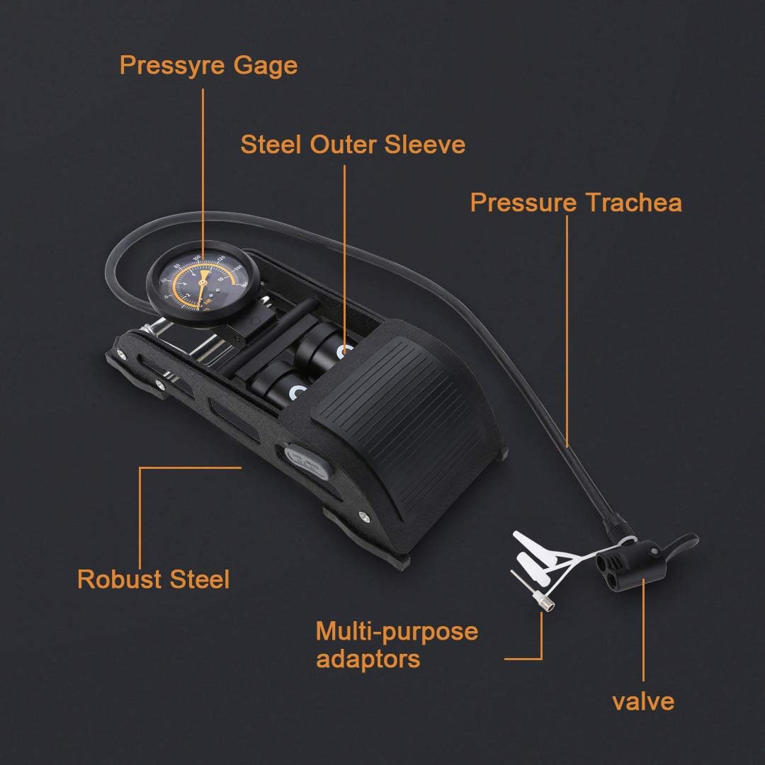 Double Cylinder Foot Air Pump, Precision Pressure Gauge High Pressure Pedal Inflator, Portable Foot Air Mercury for Ball, Bicycle, Scooter, Motorcycle, Car Pumping, Toys Balls Inflatable