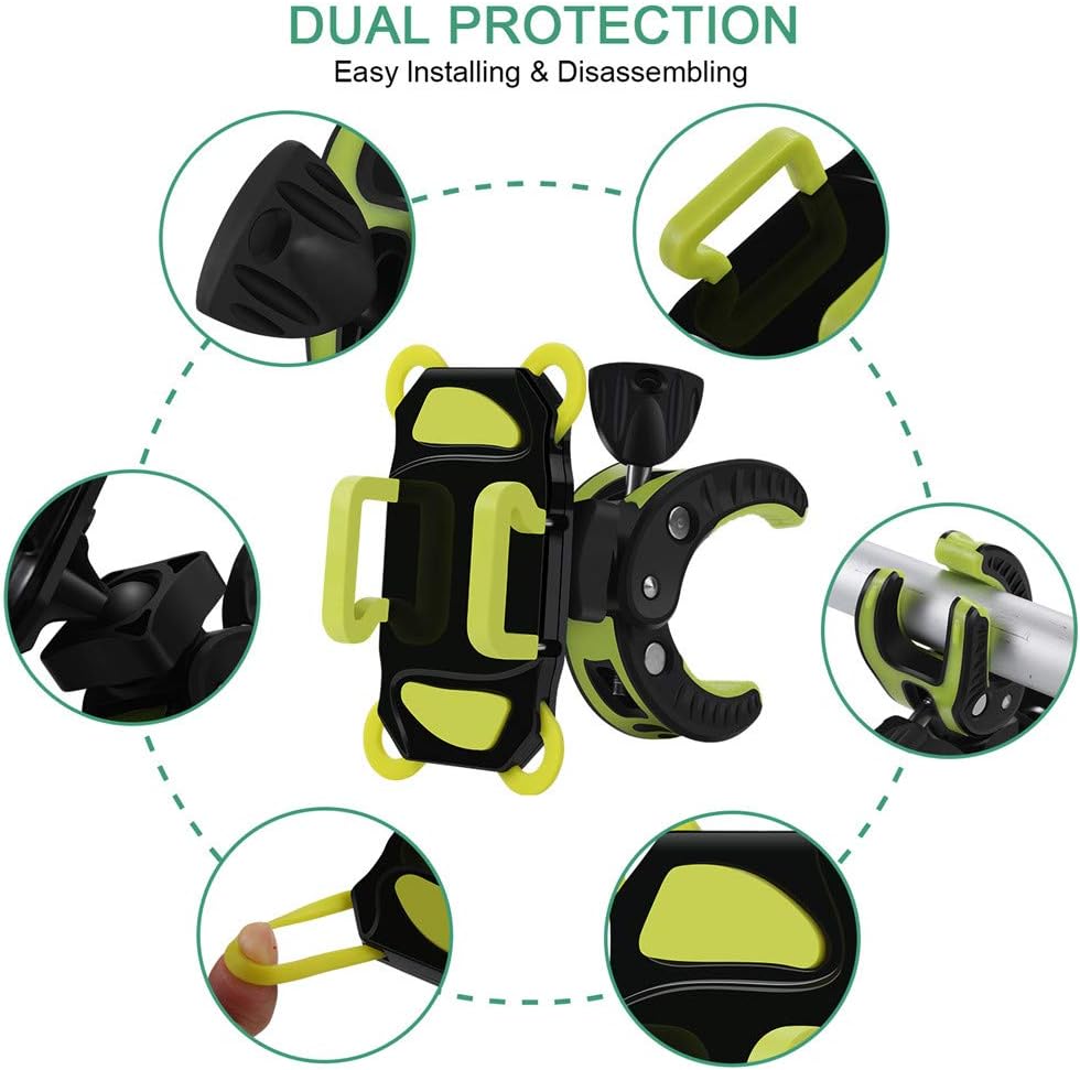 Bike Phone Mount, Motorcycle Mountain Bike Handlebar Bicycle Golf Cart Stroller Cell Phone Holder with Rubber Strap 360 Degrees Rotate for iPhone X 8 7 6 6s Plus Samsung (Green)