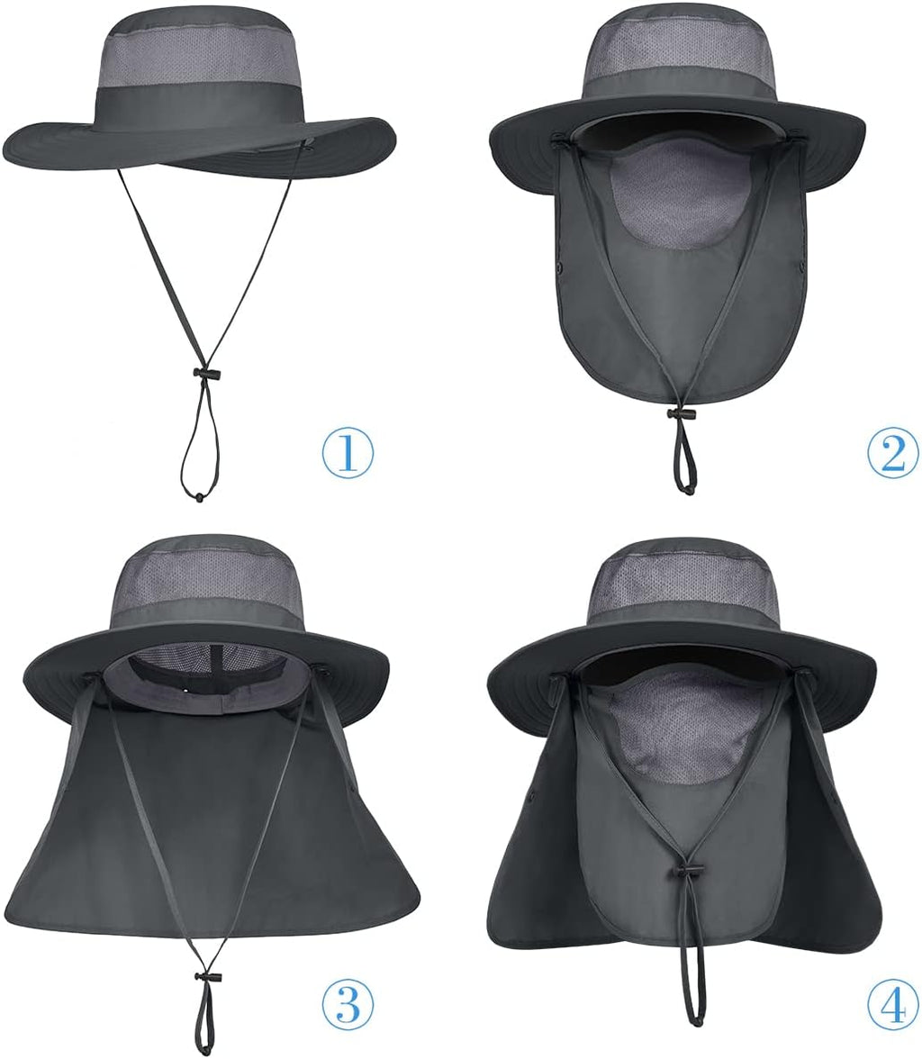 3 Pack Mens Outdoor Wide Brim Fishing Hat,UPF 50+ Sun Protection Cap with Face Neck Flap for Hiking & Garden