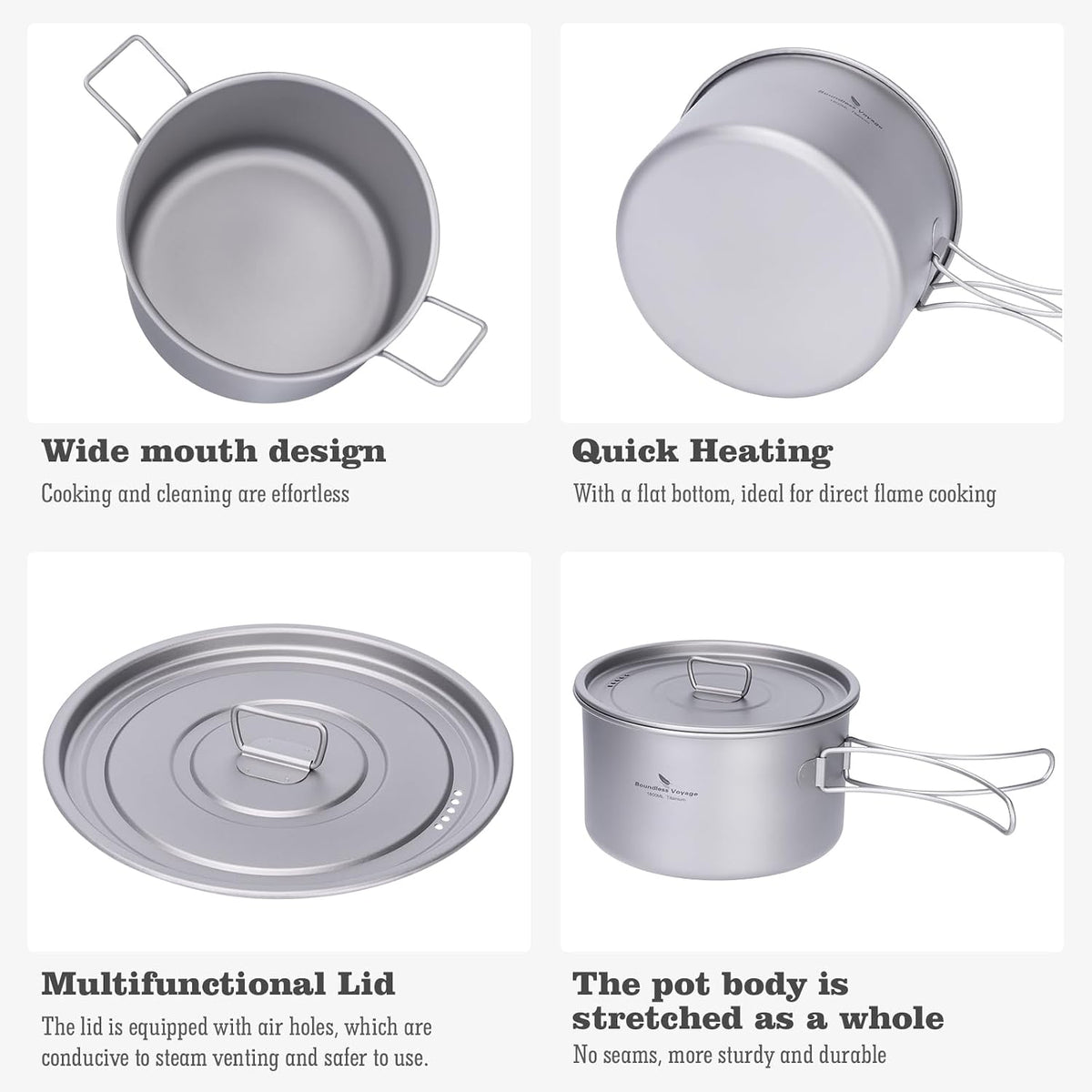 iBasingo 2.4L Titanium Pot with Lid Camping Cookware Ti2108C