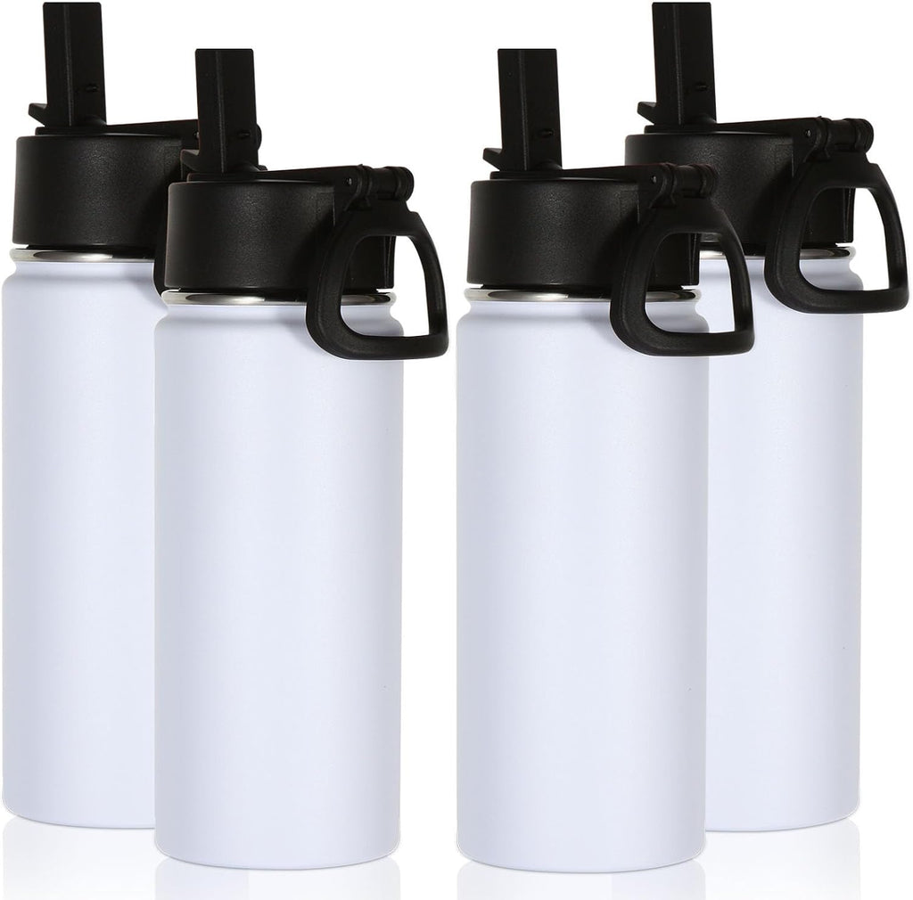 Volhoply 16 OZ Kids Water Bottle Bulk 4 Pack,Insulated Sports Bottles with Straw Lid,Stainless Steel Bottle with Handle Keep Cold & Hot,Double Wall Vacuum Tumbler Cups for School(White, 4)