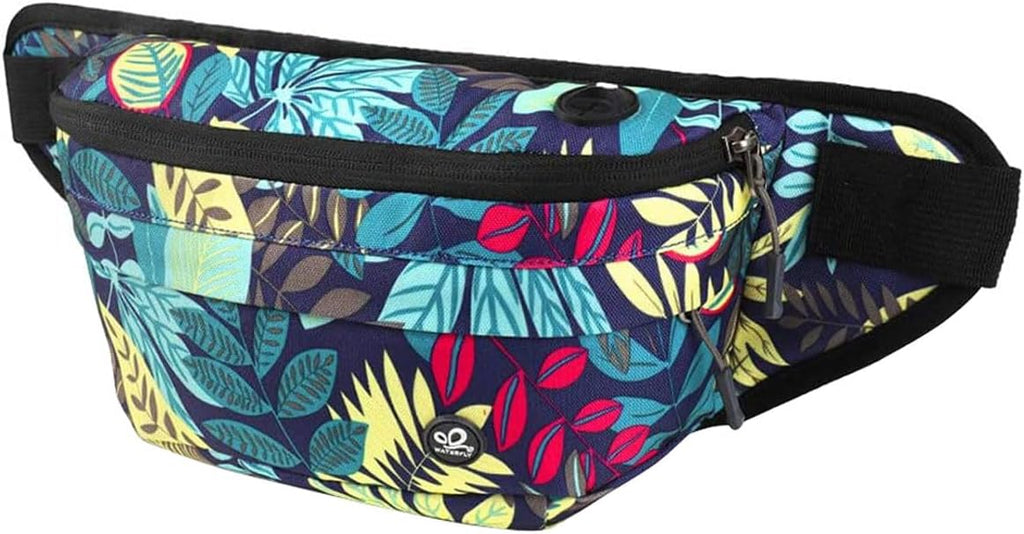 WATERFLY Fanny Pack for Men Women Water Resistant Large Hiking Waist Bag Pack Carrying All Phones for Running Walking Traveling (Black Leaf)