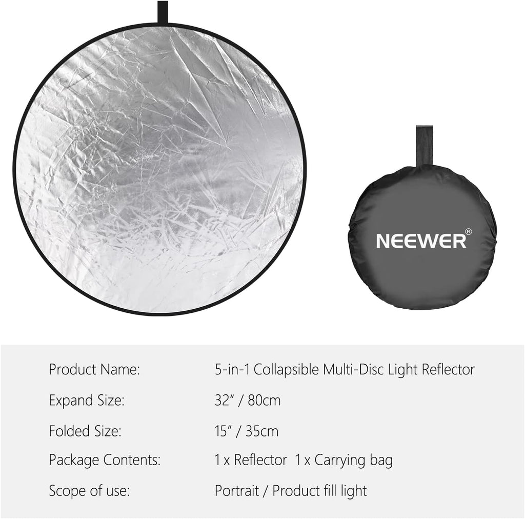 NEEWER 32 Inch/80 Centimeter Light Reflector Light Diffuser 5 in 1 Collapsible Multi Disc with Bag - Translucent, Silver, Gold, White, and Black for Studio Photography Lighting and Outdoor Lighting