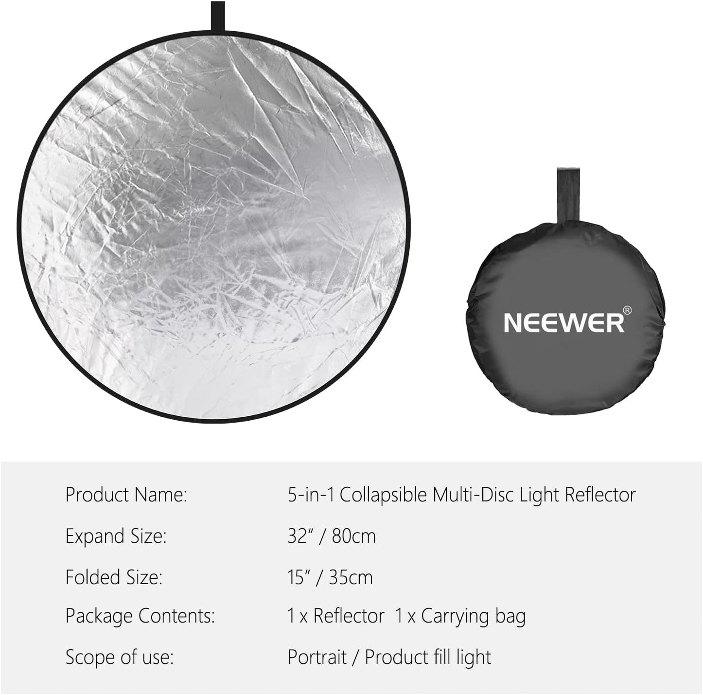 NEEWER 32 Inch/80 Centimeter Light Reflector Light Diffuser 5 in 1 Collapsible Multi Disc with Bag - Translucent, Silver, Gold, White, and Black for Studio Photography Lighting and Outdoor Lighting