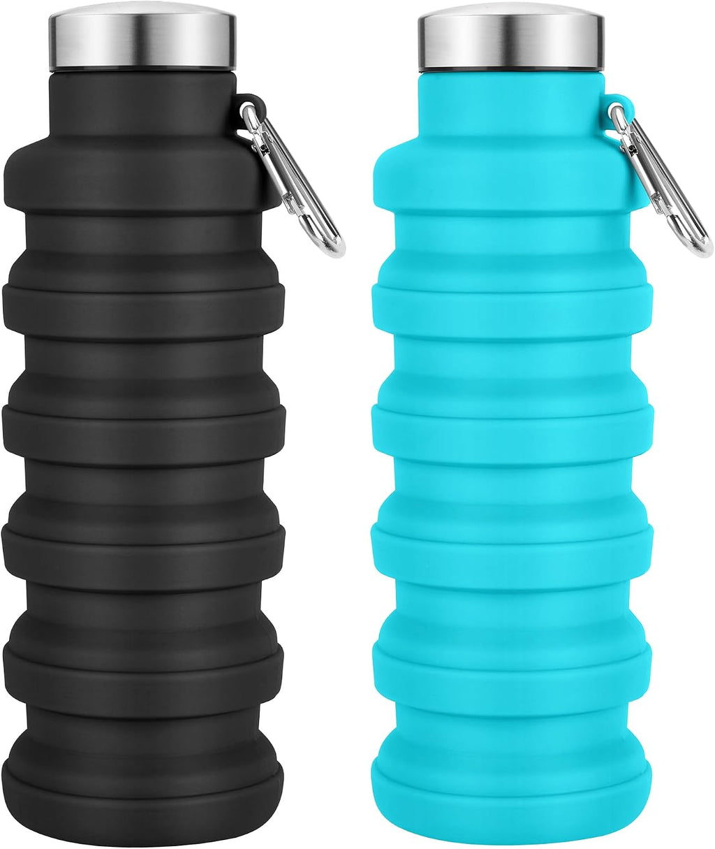 Collapsible Water Bottle,17oz Reusable BPA Free Silicone Foldable Water Bottles for Travel Gym Camping Hiking Outdoor Indoor Sport-(Black+Gray)