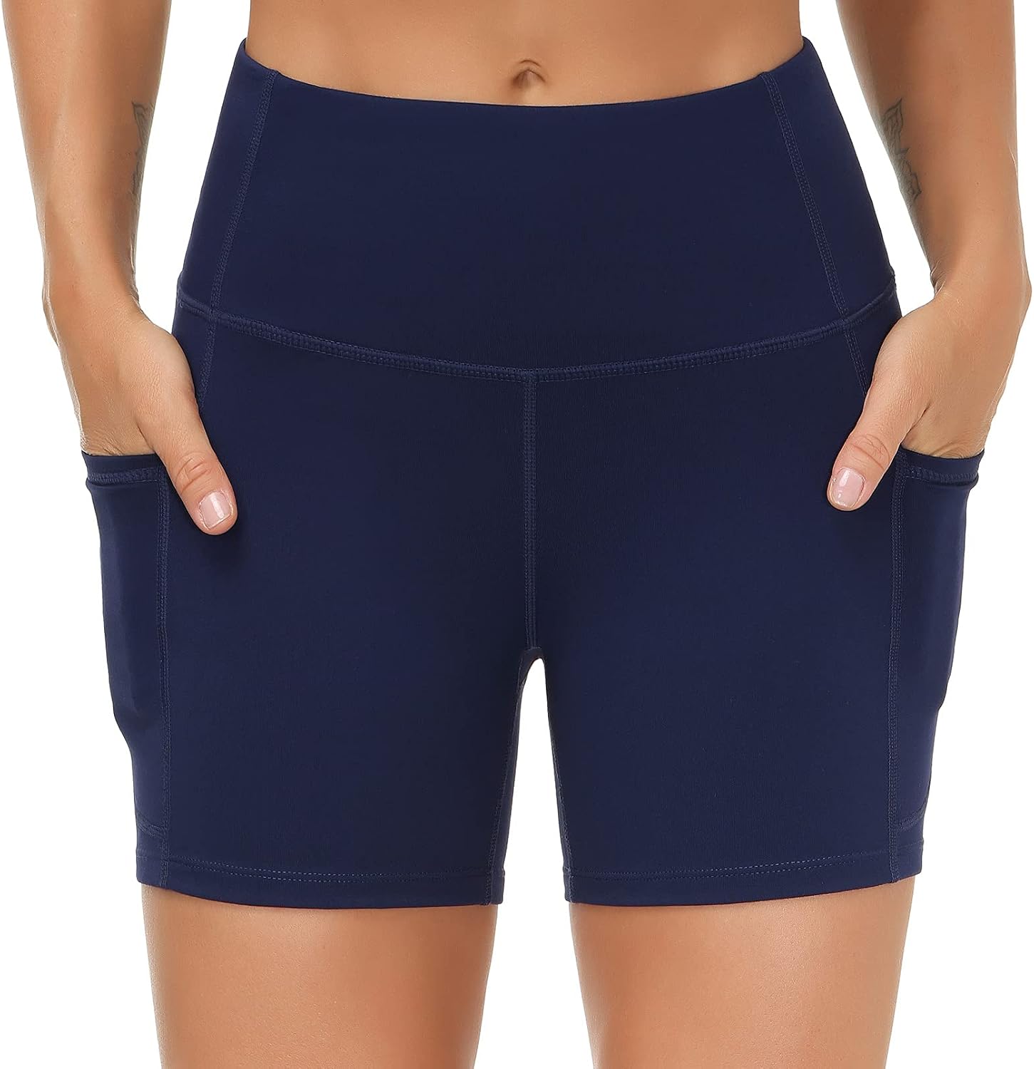 THE GYM PEOPLE High Waist Yoga Shorts for Women's Tummy Control Fitness Athletic Workout Running Shorts with Deep Pockets