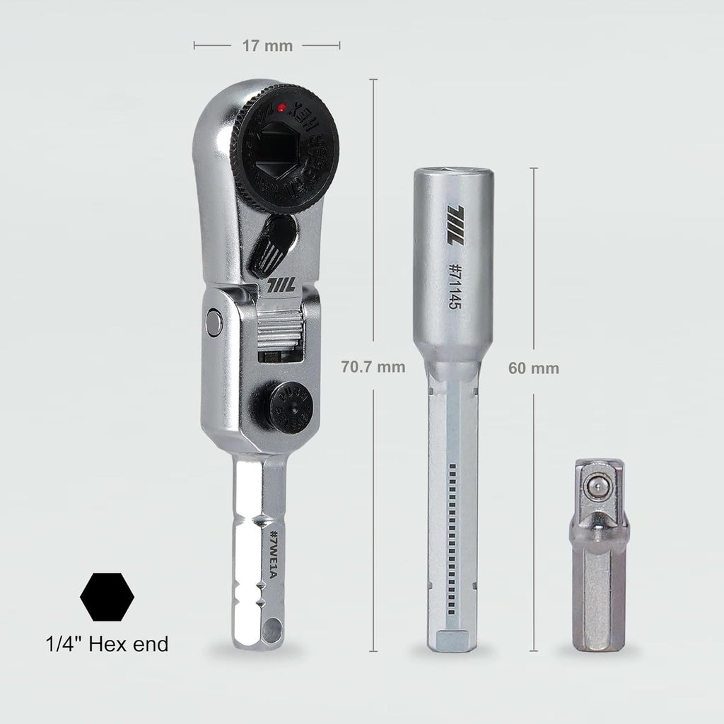 711L EDC Flex Head Ratchet Wrench with T-Handle, 1/4 Inch Mini Ratchet Tool with Socket Extension and Keyring Hole for Everyday Carry