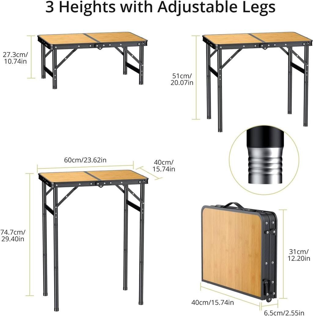 Anbte 2ft Folding Camping Table Max 29.5", 3 Adjustable Height, Yellow