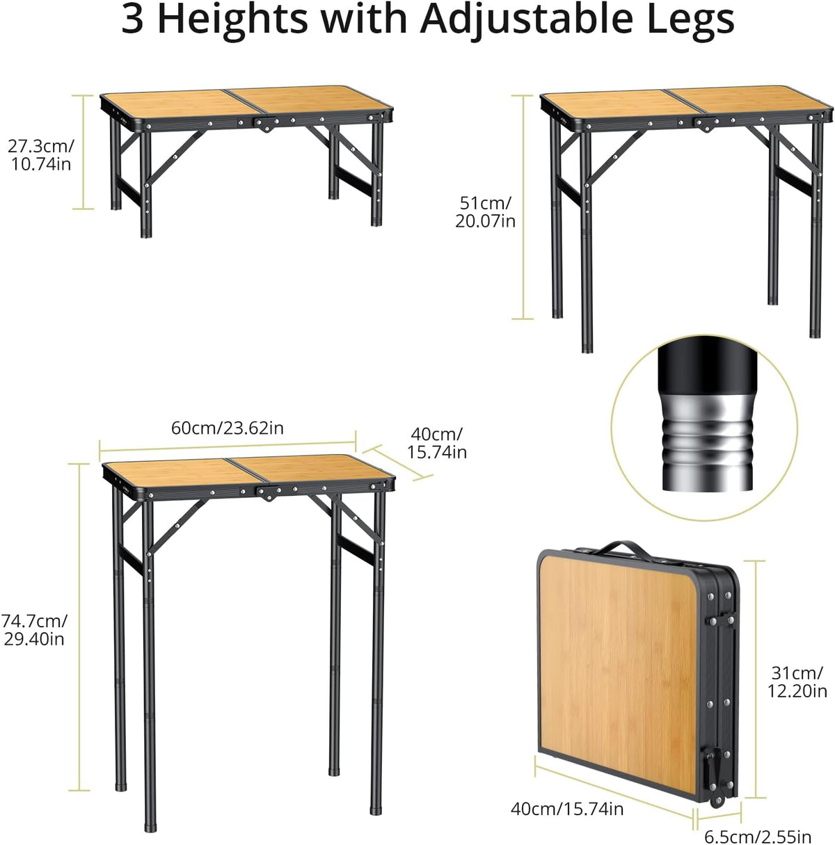 Anbte 2ft Folding Camping Table Max 29.5", 3 Adjustable Height, Yellow