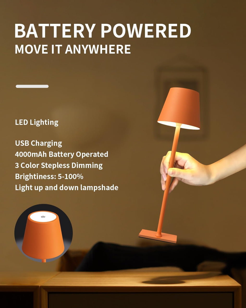 KDG 2 Pack Cordless Orange Table Lamps, Rechargeable Portable LED Desk Lamp