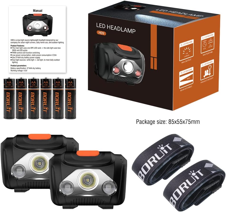 BORUIT LED Headlamp Red White Light Head Lamp [2-Pack] AAA Battery Super Bright Headlight 4 Mode Head Flashlight for Kids Adult Camping Running Hunting Fishing Gear